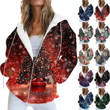 Женская повседневная рождественская печатная толстовка на осень и зиму с длинными рукавами и карманом на молнии с капюшоном XXL