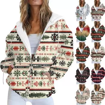 Женская повседневная рождественская печатная толстовка на осень и зиму с длинными рукавами и карманом на молнии с капюшоном XL