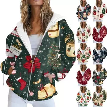 Женская повседневная рождественская печатная толстовка на осень и зиму с длинными рукавами и карманом на молнии с капюшоном M