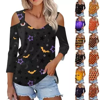 Женская повседневная рубашка-блузка с принтом Хэллоуина, V-образным вырезом, сексуальным открытым плечом и рукавом 3/4 XXL