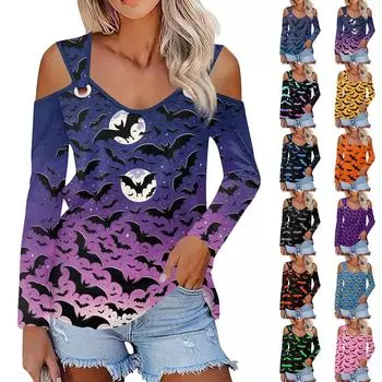 Женская повседневная рубашка-блузка с принтом Хэллоуина, V-образным вырезом, сексуальным открытыми плечами, длинным рукавом XXL