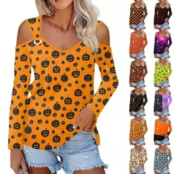 Женская повседневная рубашка-блузка с принтом Хэллоуина, V-образным вырезом, сексуальным открытыми плечами, длинным рукавом XXL