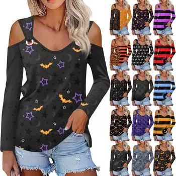 Женская повседневная рубашка-блузка с принтом Хэллоуина, V-образным вырезом, сексуальным открытыми плечами, длинным рукавом S