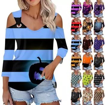 Женская повседневная рубашка-блузка с принтом Хэллоуина, V-образным вырезом, сексуальным открытым плечом и рукавом 3/4 XXXL