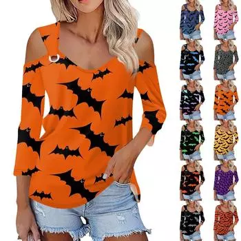Женская повседневная рубашка-блузка с принтом Хэллоуина, V-образным вырезом, сексуальным открытым плечом и рукавом 3/4 S