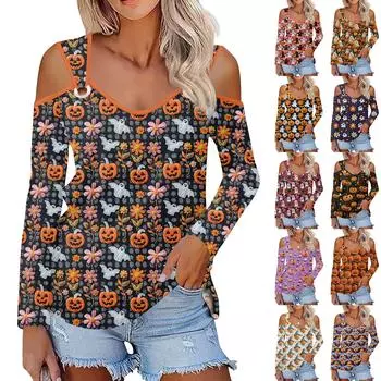 Женская повседневная рубашка-блузка с принтом Хэллоуина, V-образным вырезом, сексуальным открытыми плечами, длинным рукавом M