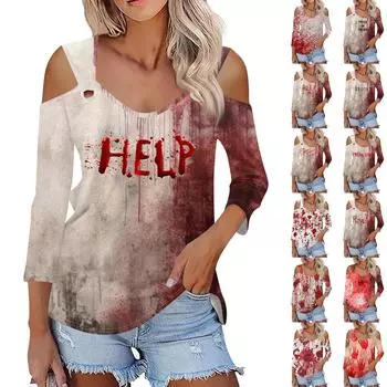 Женская повседневная рубашка-блузка с принтом Хэллоуина, V-образным вырезом, сексуальным открытым плечом и рукавом 3/4 L красный