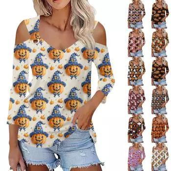 Женская повседневная рубашка-блузка с принтом Хэллоуина, V-образным вырезом, сексуальным открытым плечом и рукавом 3/4 XXXL