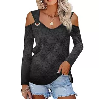 Женская повседневная рубашка-блузка с принтом Хэллоуина, V-образным вырезом, сексуальным открытыми плечами, длинным рукавом XXXL