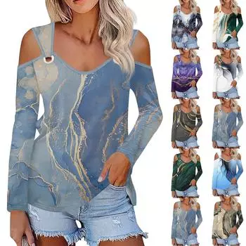 Женская повседневная рубашка-блузка с принтом, V-образным вырезом, сексуальным открытыми плечами, длинным рукавом L синий