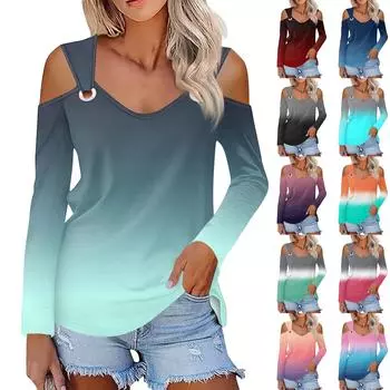 Женская повседневная рубашка-блузка с принтом, V-образным вырезом, сексуальным открытыми плечами, длинным рукавом L синий