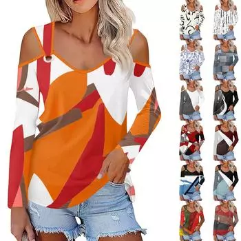 Женская повседневная рубашка-блузка с принтом, V-образным вырезом, сексуальным открытыми плечами, длинным рукавом L бежевый