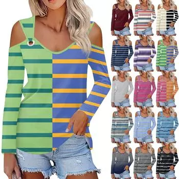 Женская повседневная рубашка-блузка с принтом, V-образным вырезом, сексуальным открытыми плечами, длинным рукавом XL