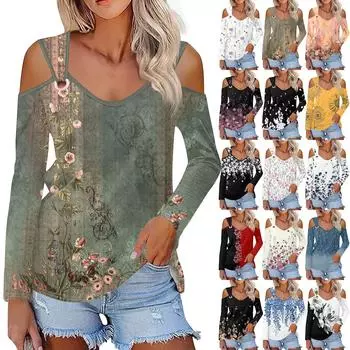 Женская повседневная рубашка-блузка с принтом, V-образным вырезом, сексуальным открытыми плечами, длинным рукавом L розовый