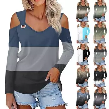 Женская повседневная рубашка-блузка с принтом, V-образным вырезом, сексуальным открытыми плечами, длинным рукавом L армия зеленый