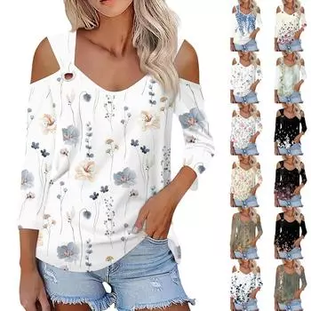 Женская повседневная рубашка-блузка с v-образным вырезом и принтом, сексуальный топ с открытыми плечами и рукавами 3/4 L армия зеленый