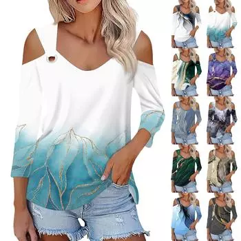 Женская повседневная рубашка-блузка с v-образным вырезом и принтом, сексуальный топ с открытыми плечами и рукавами 3/4 L синий