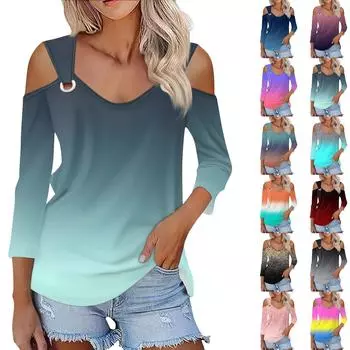 Женская повседневная рубашка-блузка с v-образным вырезом и принтом, сексуальный топ с открытыми плечами и рукавами 3/4 L синий