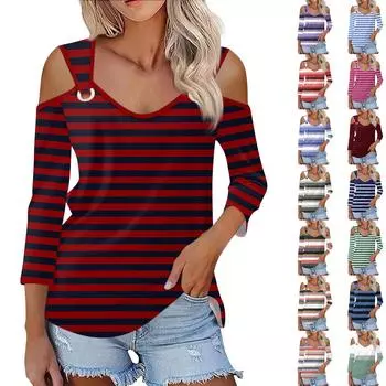 Женская повседневная рубашка-блузка с v-образным вырезом и принтом, сексуальный топ с открытыми плечами и рукавами 3/4 L синий