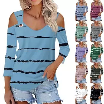 Женская повседневная рубашка-блузка с v-образным вырезом и принтом, сексуальный топ с открытыми плечами и рукавами 3/4 L