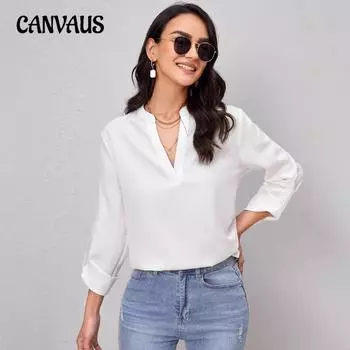 Женская повседневная рубашка для рабочего места с V-образным вырезом и фиксируемым закатанным рукавом S тёмно-синий