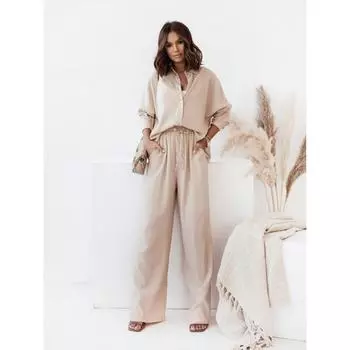 Женская повседневная рубашка из двух предметов, однотонная, свободная, эластичная, с длинными рукавами, с плиссировкой, широкие брюки L чёрный