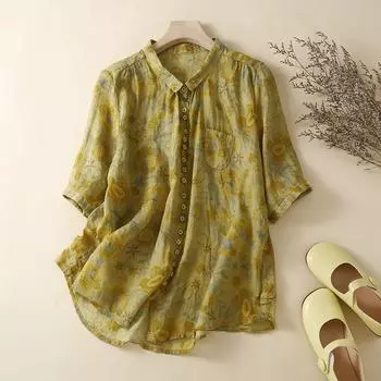 Женская повседневная рубашка из смесового хлопка с цветочным принтом XXL красный