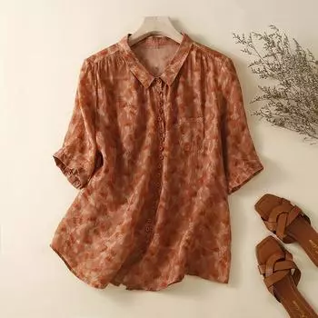 Женская повседневная рубашка из смесового хлопка с цветочным принтом XXL красный