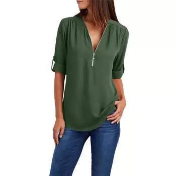 Женская повседневная рубашка на молнии с длинным рукавом, свободная рубашка с V-образным вырезом, однотонный топ S белый