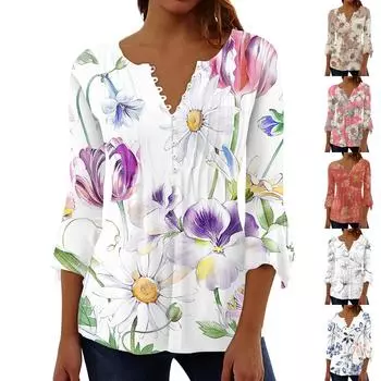 Женская повседневная рубашка на пуговицах с цветочным принтом и рукавом 3/4 с v-образным вырезом L синий