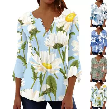 Женская повседневная рубашка на пуговицах с цветочным принтом и рукавом 3/4 с v-образным вырезом L циан