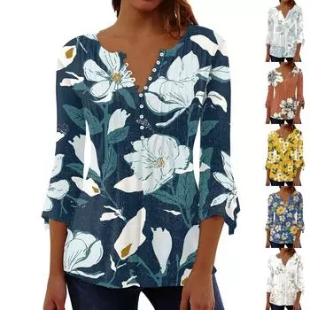 Женская повседневная рубашка на пуговицах с цветочным принтом и рукавом 3/4 с v-образным вырезом L синий