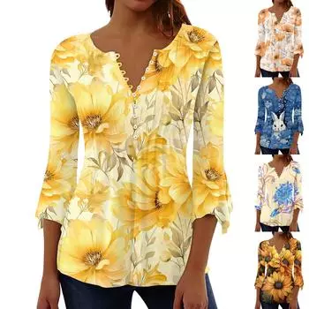 Женская повседневная рубашка на пуговицах с цветочным принтом и рукавом 3/4 с v-образным вырезом L синий