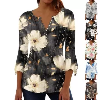 Женская повседневная рубашка на пуговицах с цветочным принтом и рукавом 3/4 с v-образным вырезом L чёрный