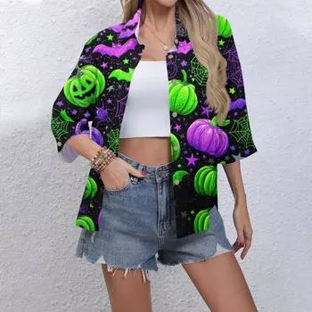 Женская повседневная рубашка на пуговицах с принтом, рубашка-платье с рукавом три четверти, рабочая рубашка с лацканами и карманами XXL зелёный