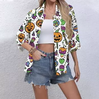 Женская повседневная рубашка на пуговицах с принтом, рубашка-платье с рукавом три четверти, рабочая рубашка с лацканами и карманами XL зелёный