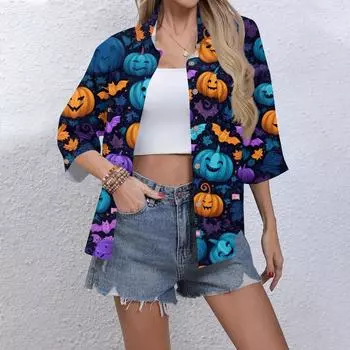 Женская повседневная рубашка на пуговицах с принтом, рубашка-платье с рукавом три четверти, рабочая рубашка с лацканами и карманами L синий