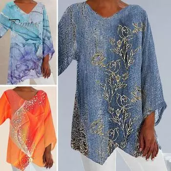 Женская повседневная рубашка с блестками и принтом звездного неба, футболка с v-образным вырезом, v-образным вырезом, рукавами 3/4, неровный подол, свободный пуловер, топы, уличная одежда XL фиолетовый