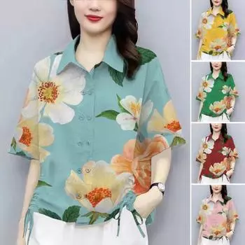 Женская повседневная рубашка с боковым шнурком, рубашка с цветочным узором и лацканами, короткая двубортная свободная посадка M жёлтый