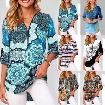 Женская повседневная рубашка с цветочным принтом, длинным рукавом, V-образным вырезом, застежкой-молнией, свободная блузка, топы, индивидуальная рубашка S