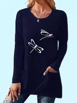 Женская повседневная рубашка с длинным рукавом и принтом, топы с круглым вырезом и карманом, весенне-осенний женский модный свободный топ S белый