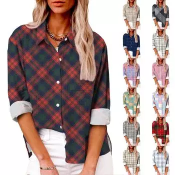 Женская повседневная рубашка с длинным рукавом и лацканами на пуговицах в клетку с карманами M