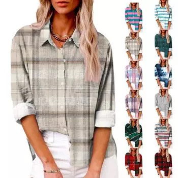 Женская повседневная рубашка с длинным рукавом и лацканами на пуговицах в полоску с принтом и карманом сверху L