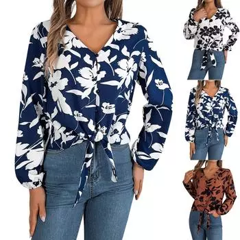 Женская повседневная рубашка с длинным рукавом и v-образным вырезом, футболка с цветочным принтом, туника, топ с завязками и рукавами с лацканами L синий