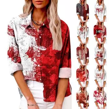 Женская повседневная рубашка с длинным рукавом и лацканами на пуговицах с принтом на Хэллоуин и карманом сверху XL бежевый