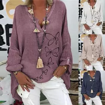 Женская повседневная рубашка с длинным рукавом и цветочным принтом размера плюс, свободная рубашка с v-образным вырезом, блузка, топ XXXL тёмно-синий