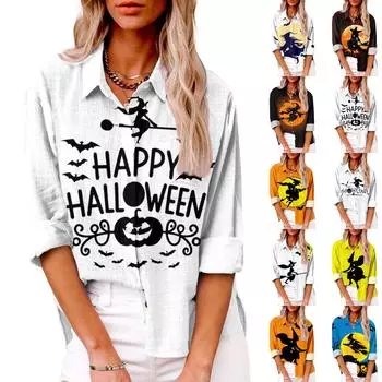 Женская повседневная рубашка с длинным рукавом и лацканами на пуговицах с принтом на Хэллоуин и карманом сверху XXXL оранжевый