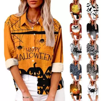 Женская повседневная рубашка с длинным рукавом и лацканами на пуговицах с принтом на Хэллоуин и карманом сверху M