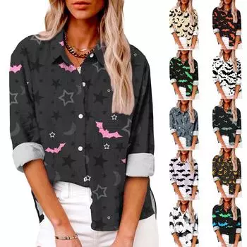 Женская повседневная рубашка с длинным рукавом и лацканами на пуговицах с принтом на Хэллоуин и карманом сверху XXXL чёрный