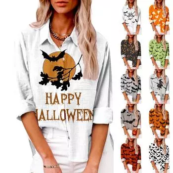 Женская повседневная рубашка с длинным рукавом и лацканами на пуговицах с принтом на Хэллоуин и карманом сверху XXL